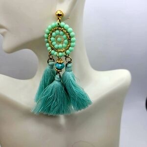 Bohemian Gold and Teal Dreamcatcher Earrings